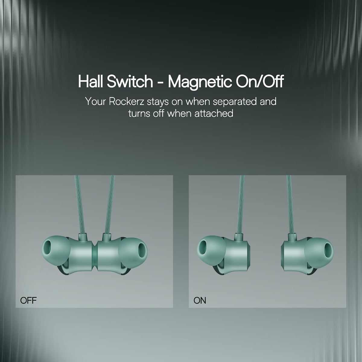 Green wireless earbuds with magnetic on/off feature on a gray background