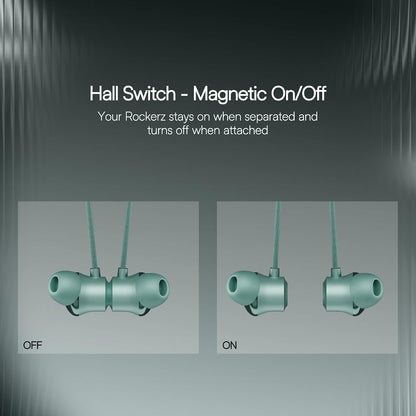 Green wireless earbuds with magnetic on/off feature on a gray background