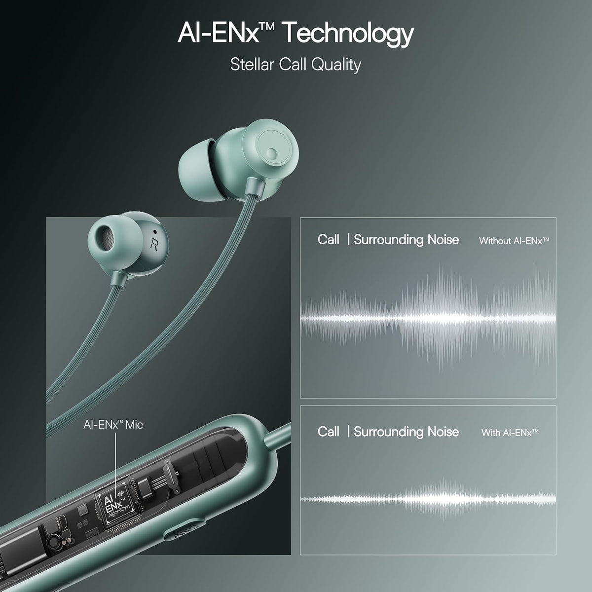 Teal earbuds with AI-ENx Technology on a dark background
