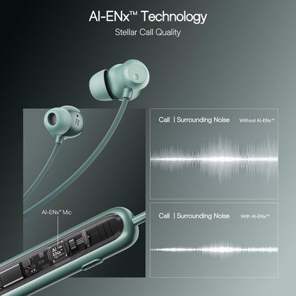 Teal earbuds with AI-ENx Technology on a dark background