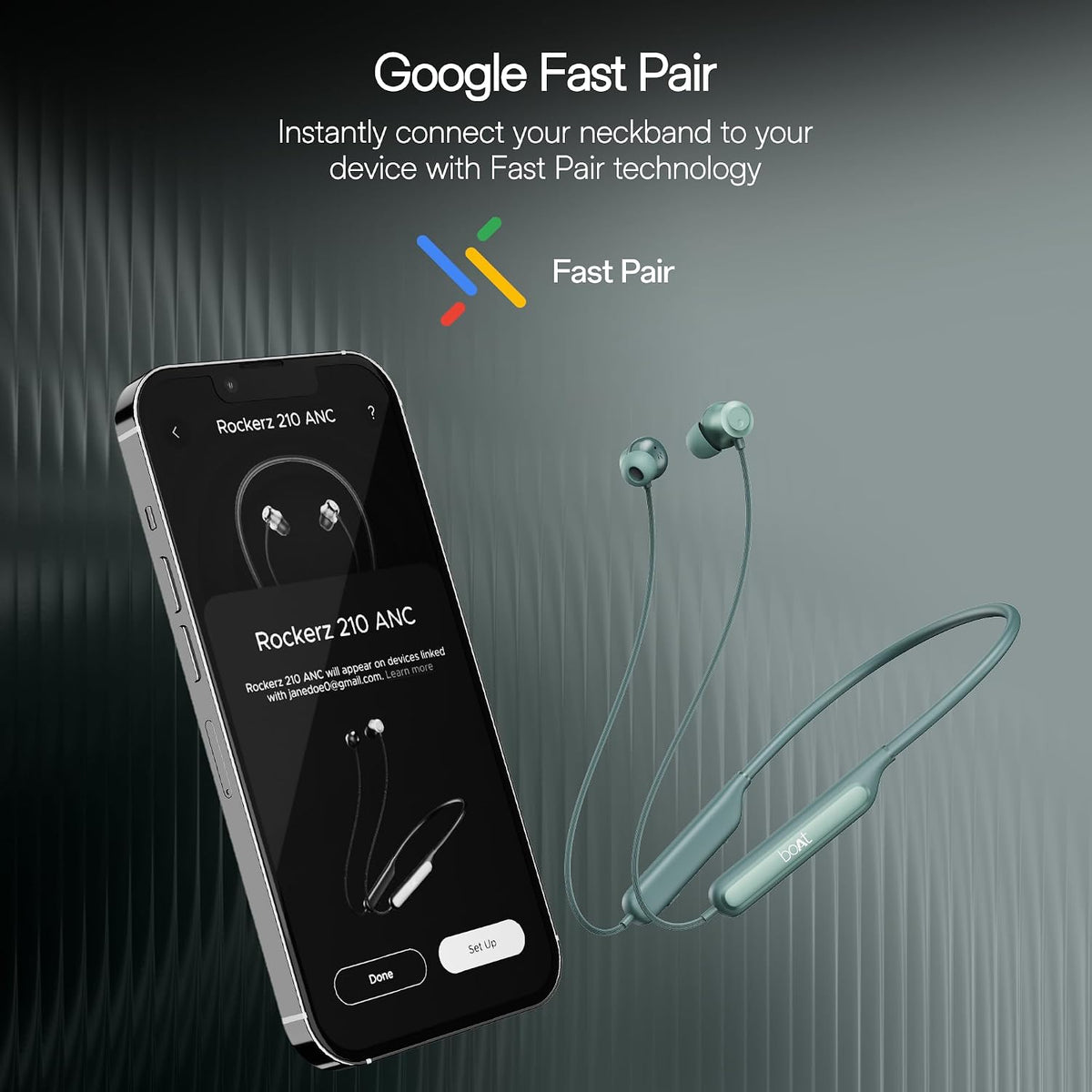 Smartphone displaying wireless earbuds connection on screen with 'Google Fast Pair' text and logo.