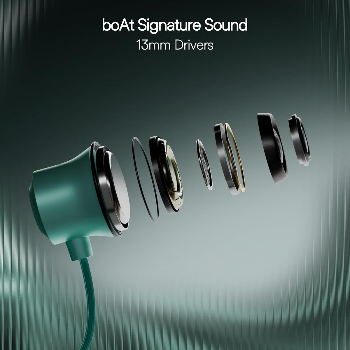 boAt earphone with cutaway showing 13mm drivers on a dark background