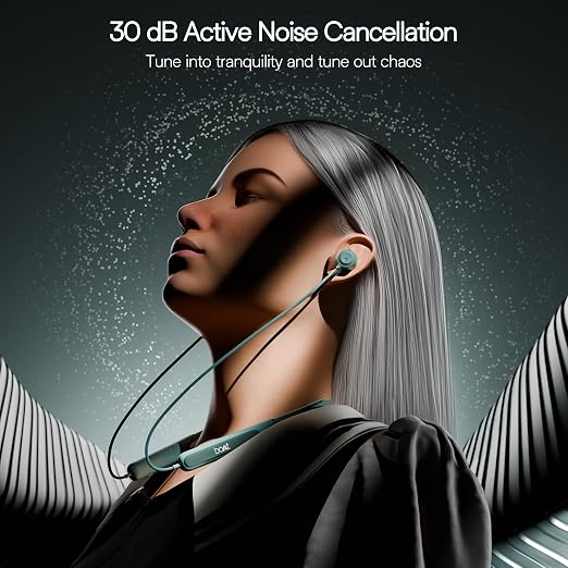 A woman in profile wearing a teal neckband-style in-ear wireless headphone, with dramatic text at the top reading '30 dB Active Noise Cancellation' and 'Tune into tranquility and tune out chaos.' The background is dark gray with glowing particles and stylized wing-like shapes.