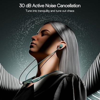 A woman in profile wearing a teal neckband-style in-ear wireless headphone, with dramatic text at the top reading '30 dB Active Noise Cancellation' and 'Tune into tranquility and tune out chaos.' The background is dark gray with glowing particles and stylized wing-like shapes.