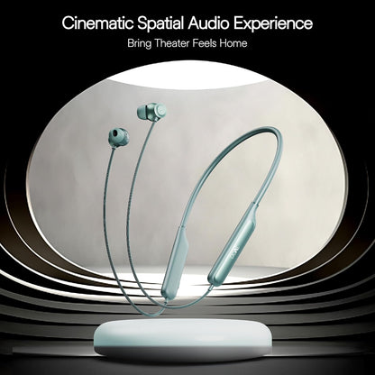 Blue wireless earbuds on a white platform with concentric circle design in the background, text 'Cinematic Spatial Audio Experience' above.