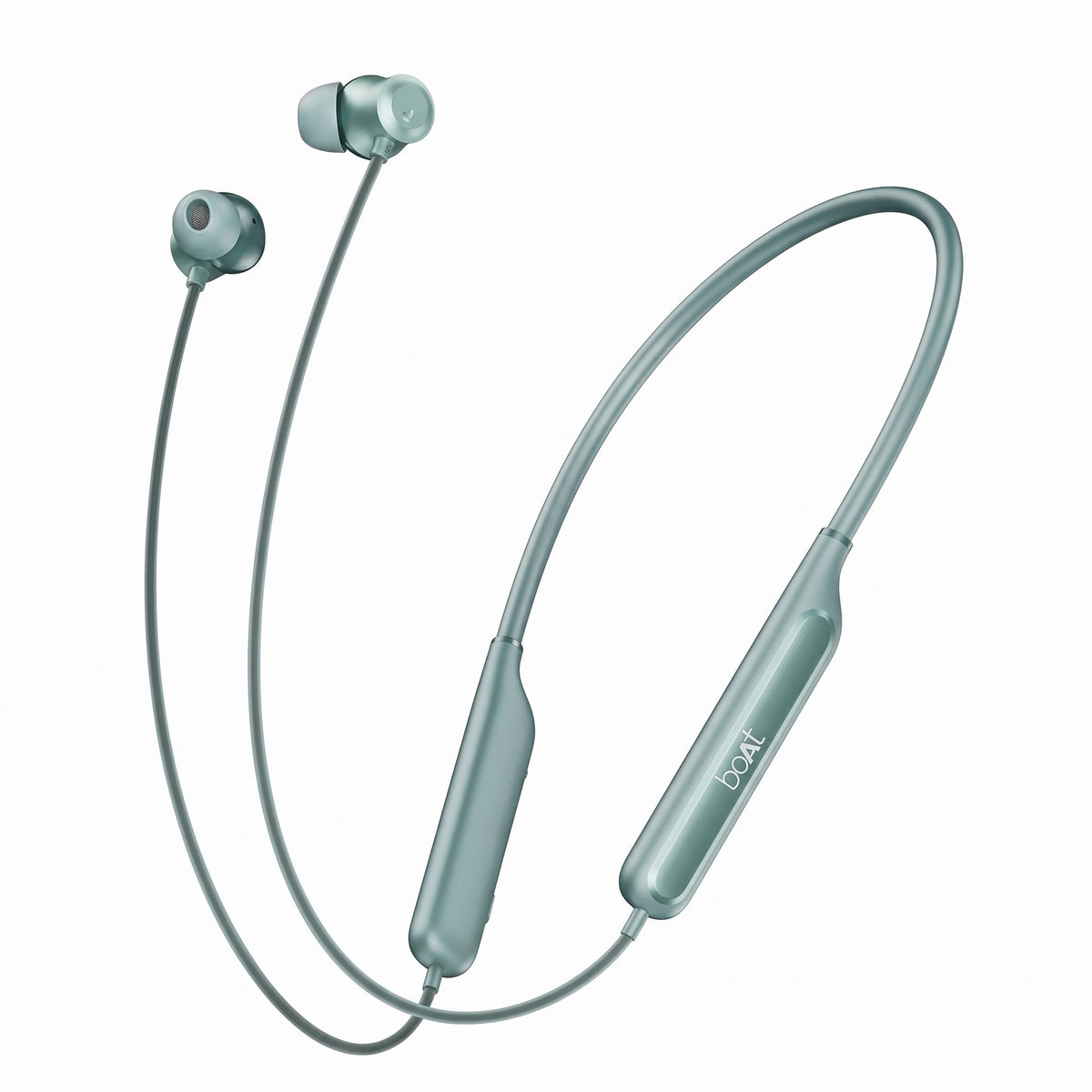 Teal wireless earbuds with a neckband on a white background