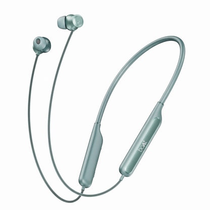 Teal wireless earbuds with a neckband on a white background
