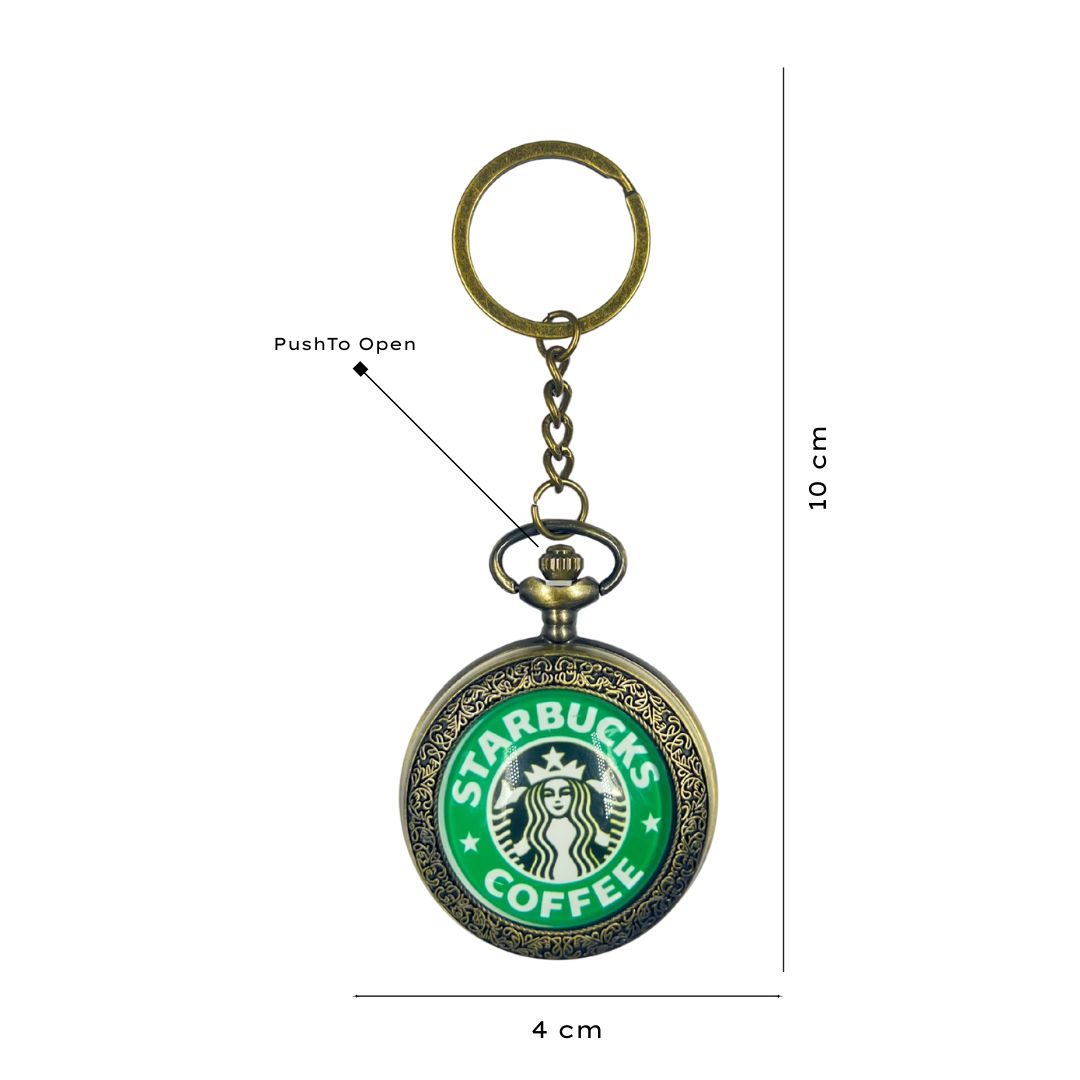 Packaging of Retro Starbucks Design Pocket Watch with Metal Keychain, emphasizing its collectible nature and suitability as a gift – available at GrunX