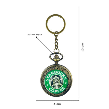 Packaging of Retro Starbucks Design Pocket Watch with Metal Keychain, emphasizing its collectible nature and suitability as a gift – available at GrunX