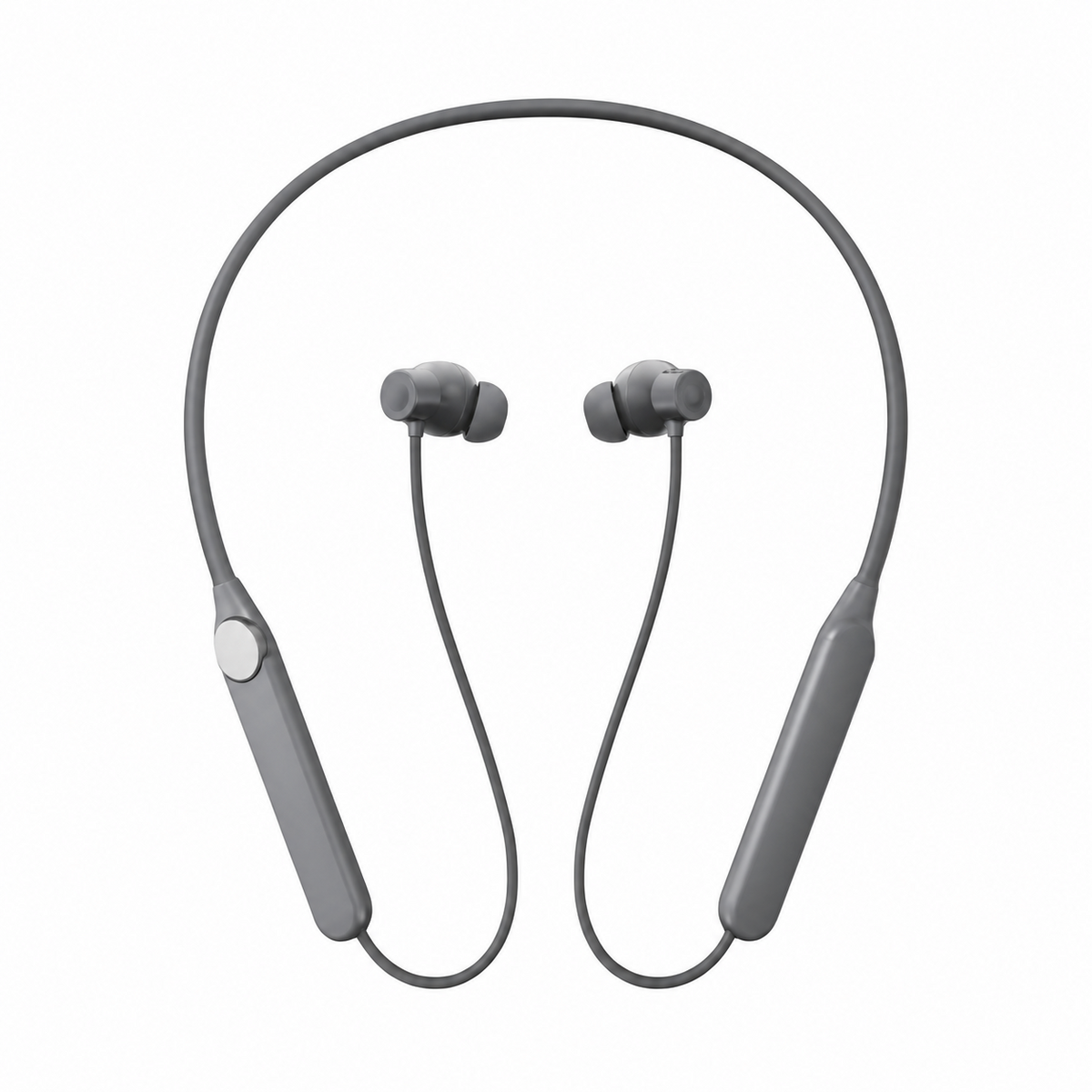 Gray wireless neckband headphones on a white background