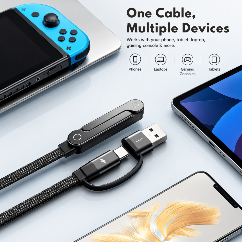 GrunX 240W 2-in-1 fast charging cable with USB Type A port, built-in Type C port and built-in foldable metal stand, black braided flat cable with feature callouts