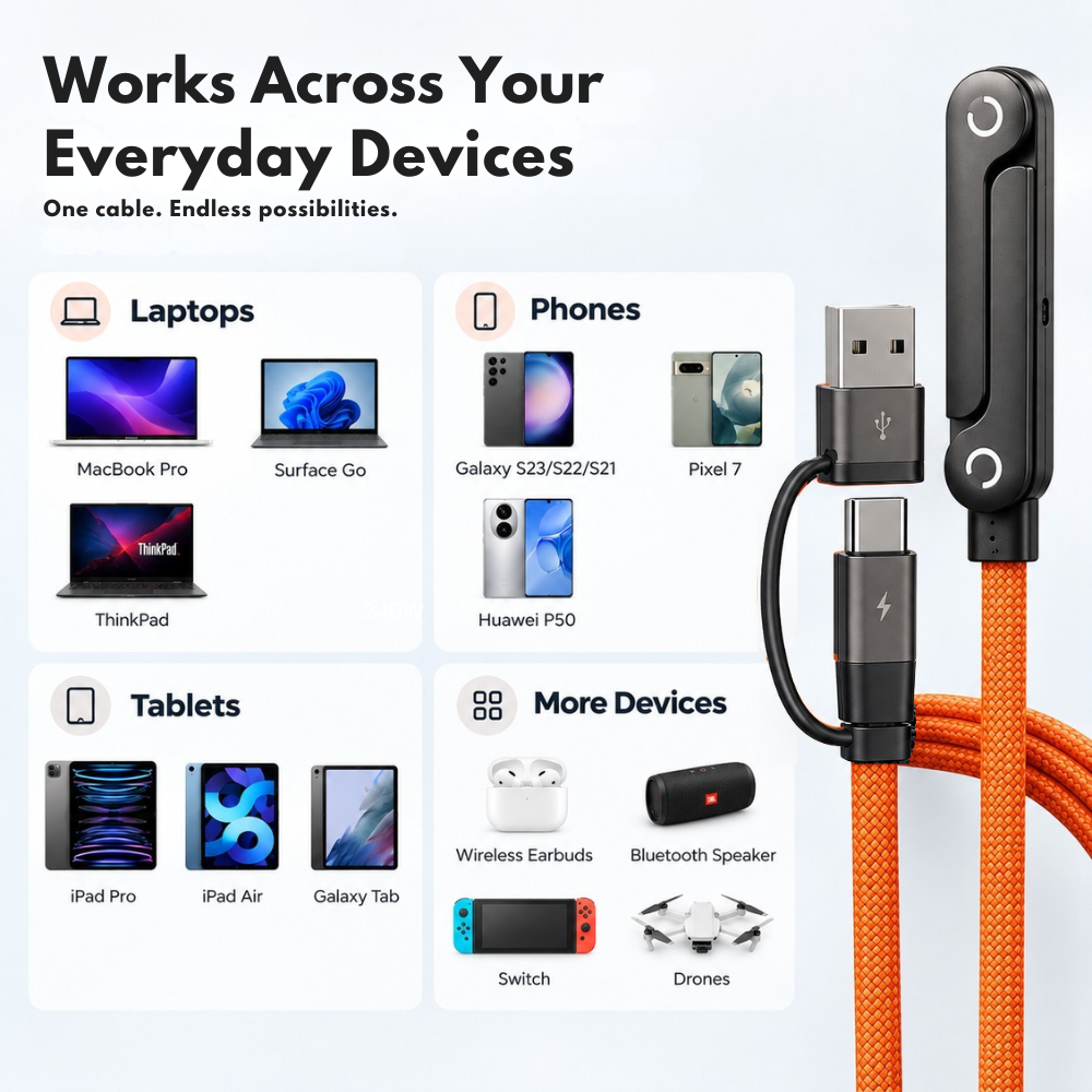 GrunX 2-in-1 240W USB-C and USB-A fast charging cable in orange braided nylon with foldable metal stand, compatible with MacBook Pro, iPad, Samsung Galaxy, Pixel, wireless earbuds, Bluetooth speaker, Nintendo Switch and drones