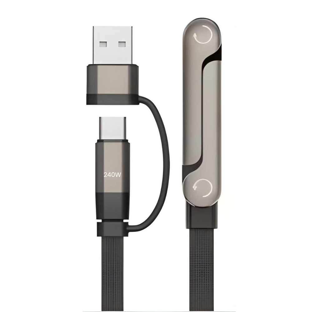 GrunX 240W 2-in-1 USB-C and USB-A multi-device charging cable in black braided finish with built-in foldable stand, shown beside a gaming console, tablet and smartphone for charging phones, laptops, tablets and gaming consoles