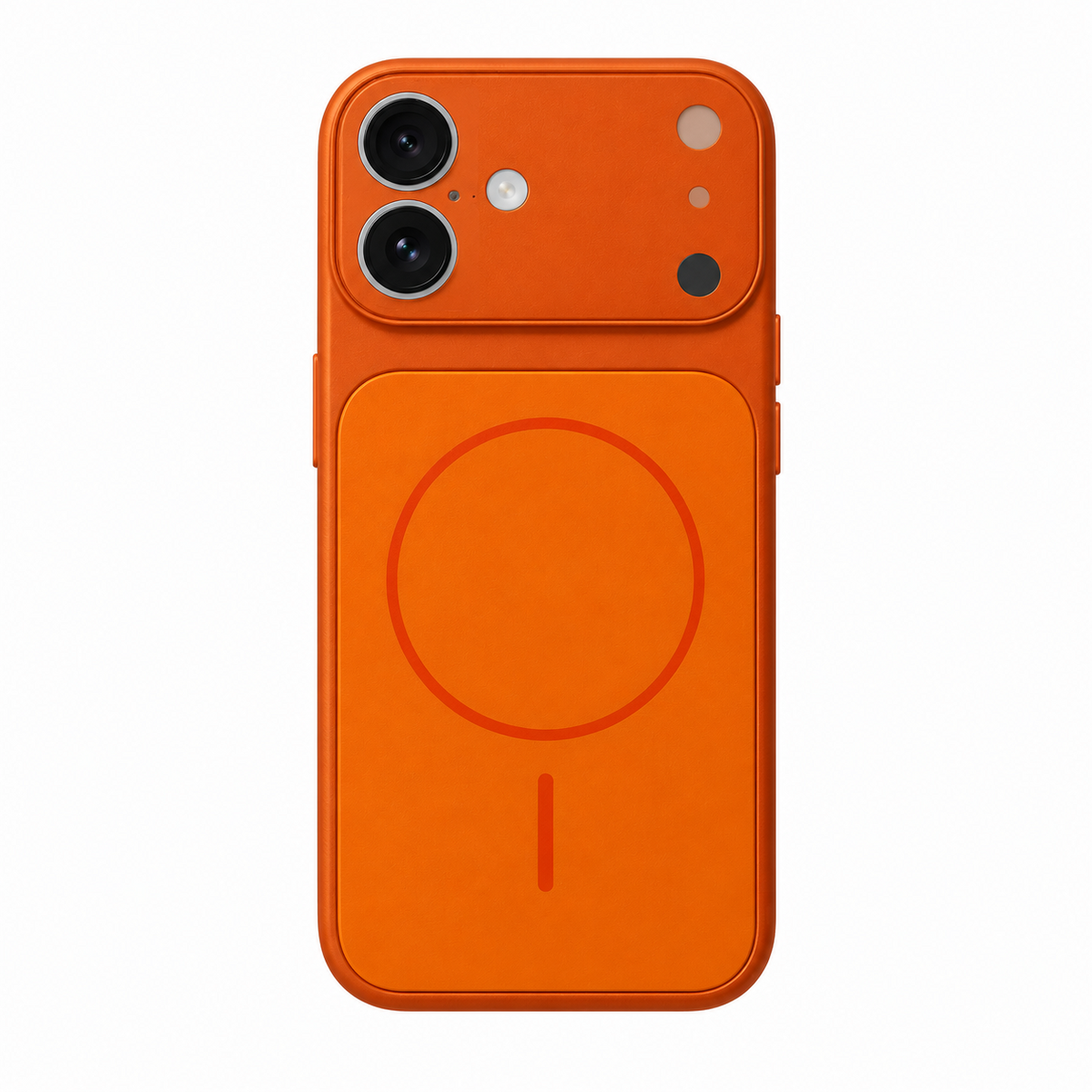 An orange MagSafe-compatible phone case with a large circular magnetic ring printed on the back, shown on a clean white background.