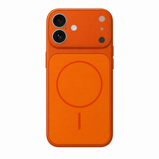 An orange MagSafe-compatible phone case with a large circular magnetic ring printed on the back, shown on a clean white background.