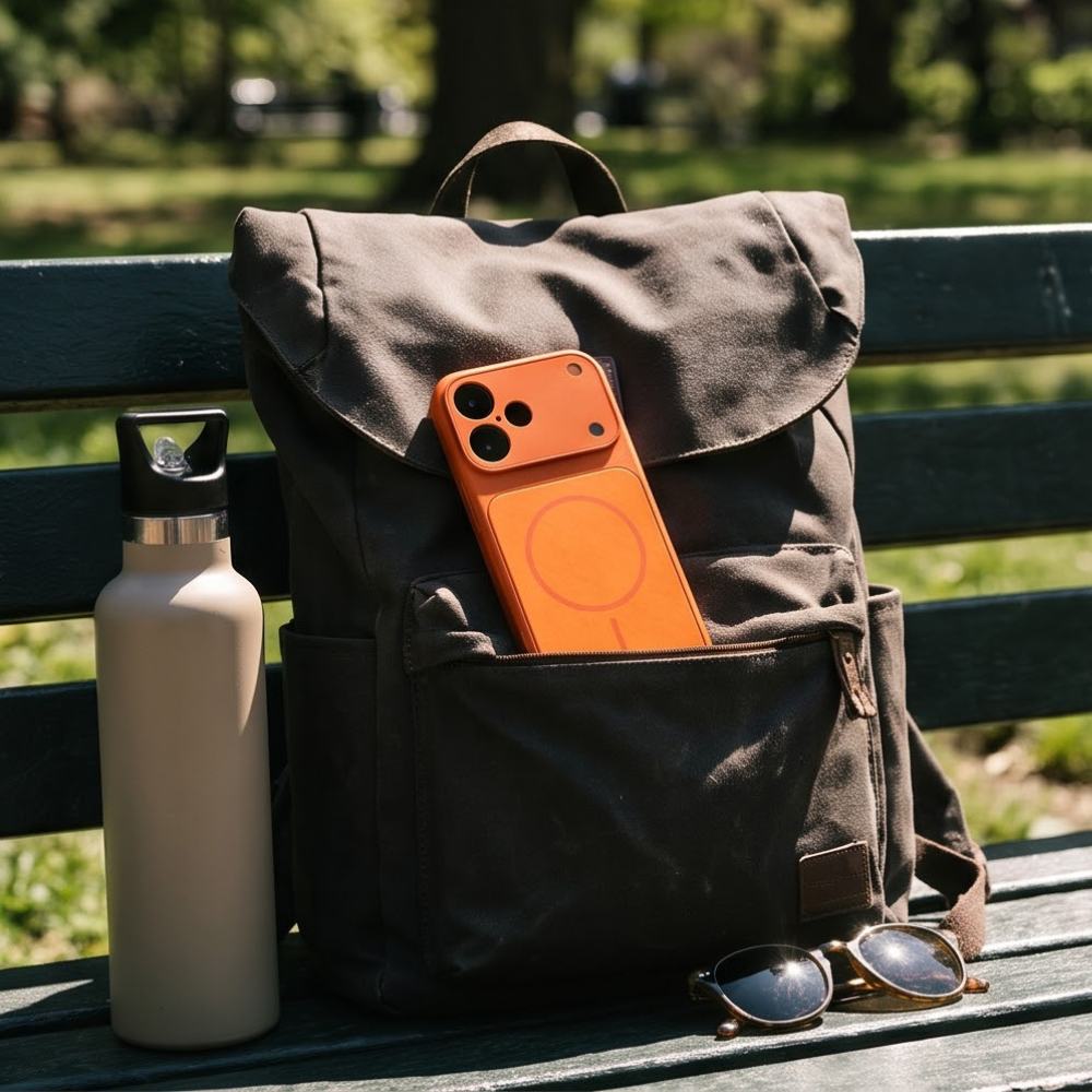 A dark brown canvas backpack sits on a green park bench, with an orange smartphone in its front pocket, a beige water bottle to the left, and sunglasses resting on the bench in front. The background shows a blurred green park setting.