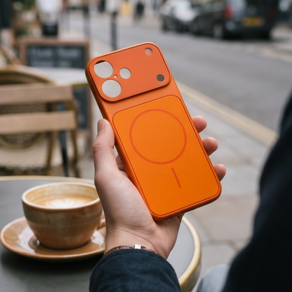 A hand holding an orange MagSafe-compatible phone case in an outdoor cafe setting with a blurred coffee cup and street background.