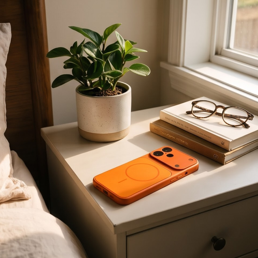 An orange MagSafe-compatible phone case is shown resting on a bedside table in a warm, sunlit bedroom setting next to a potted plant, books, and eyeglasses.