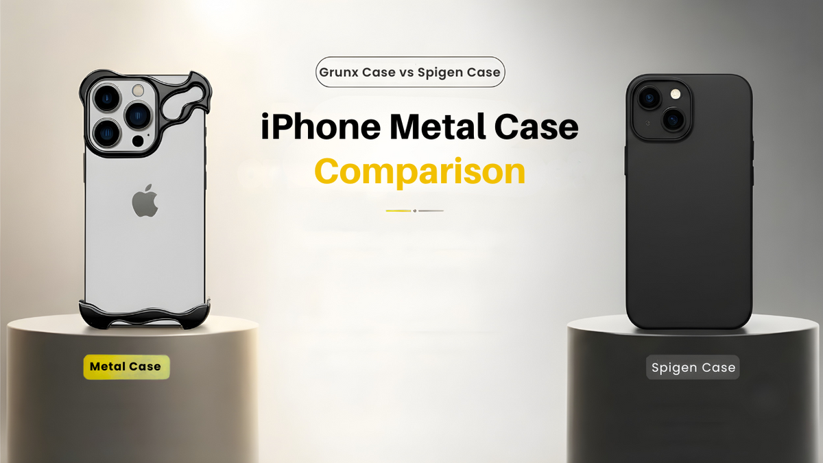 GrunX Metal Case vs Spigen Case comparison for iPhone 16, showcasing premium metal bumper case and slim protective case design available at GrunX.